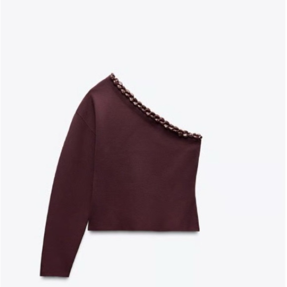 Zara Asymmetric Bobble Elegant One-Shoulder Sweater - Burgundy. Small.